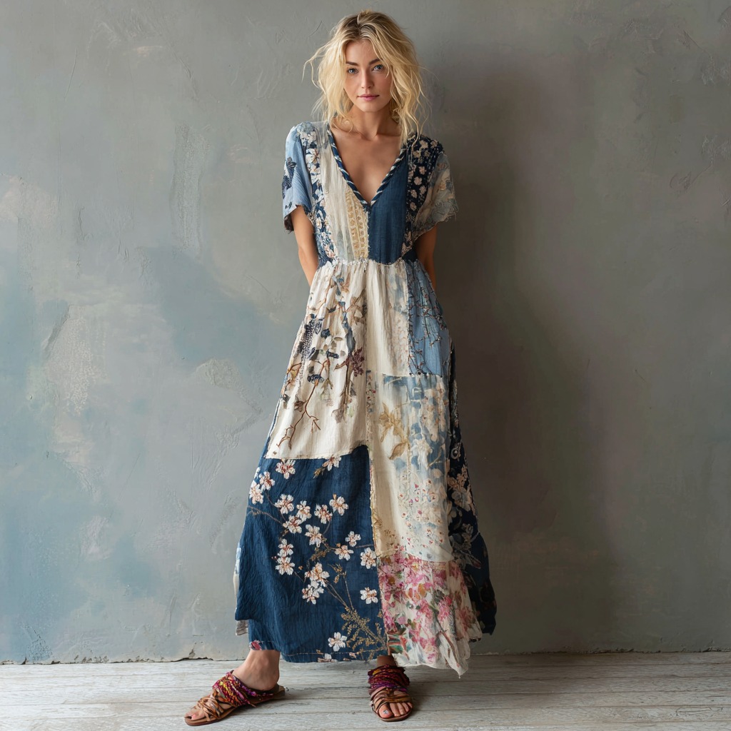 Japanese Cherry Blossom Pattern Linen V-neck Dress