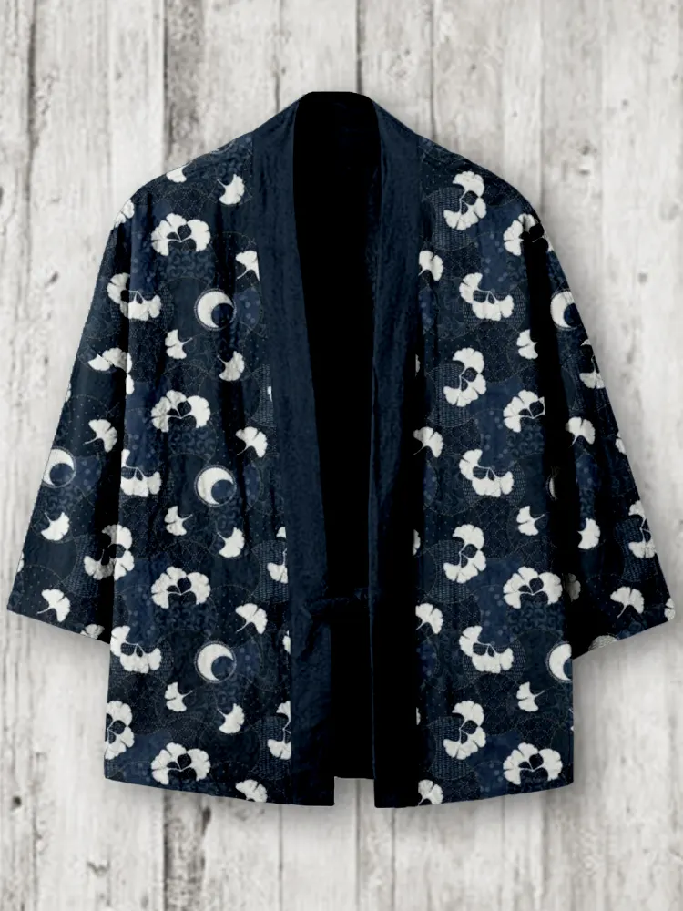 Japanese Midnight Gingko Patchwork Art Linen Blend Kimono Cardigan