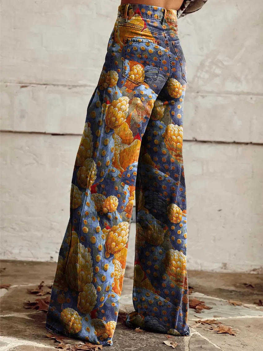 Cactus Print Casual Wide-Leg Pants