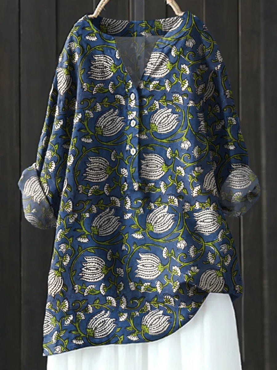 Floral Art Print Casual Cotton & Linen Shirt