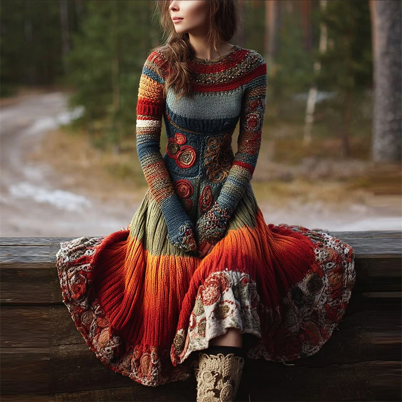 Boho Floral Crochet Geometric Colorblock Maxi Sweater Dress