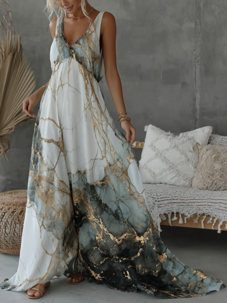 Vintage Marble Texture Collection Retro Bohemia Women Style Gradient Gilded Pattern Maxi Dress