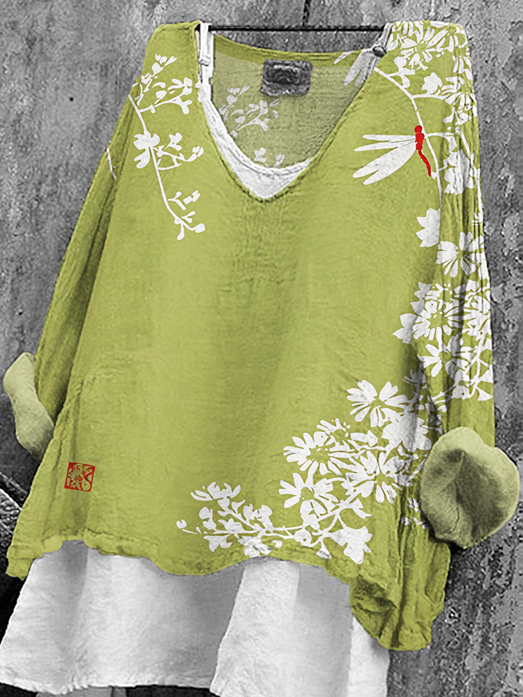 Japanese Floral Art Print V-neck T-shirt