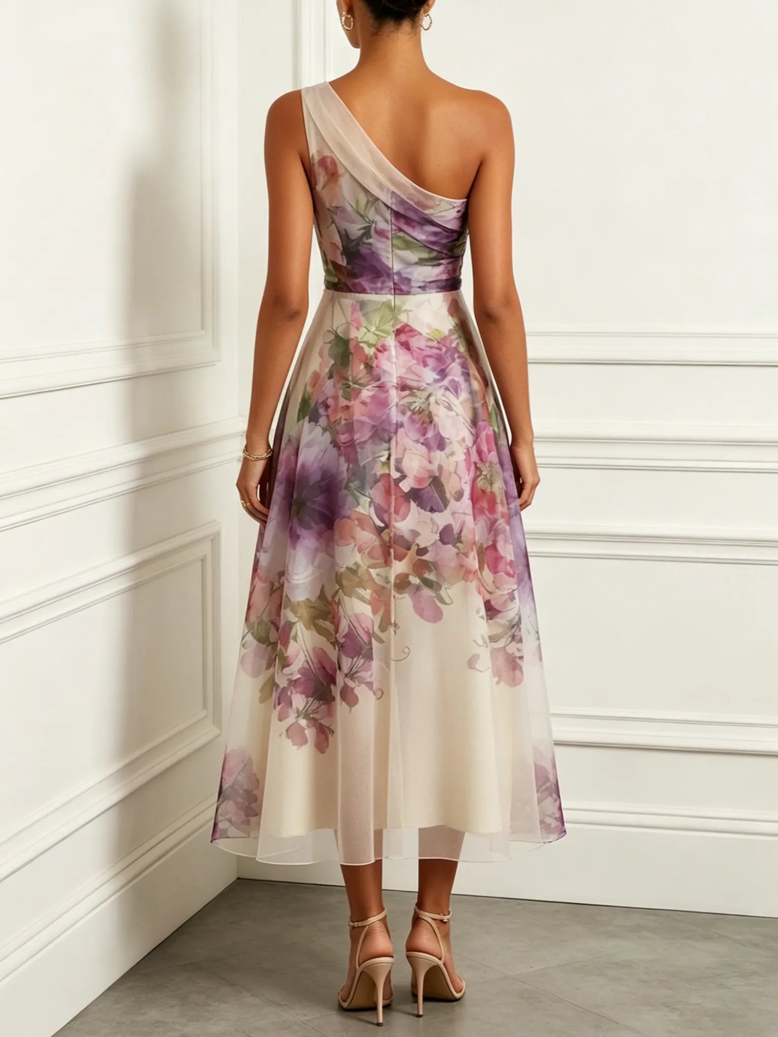 Purple Floral Ruched Tulle One-Shoulder Sleeveless A-Line Midi Dress