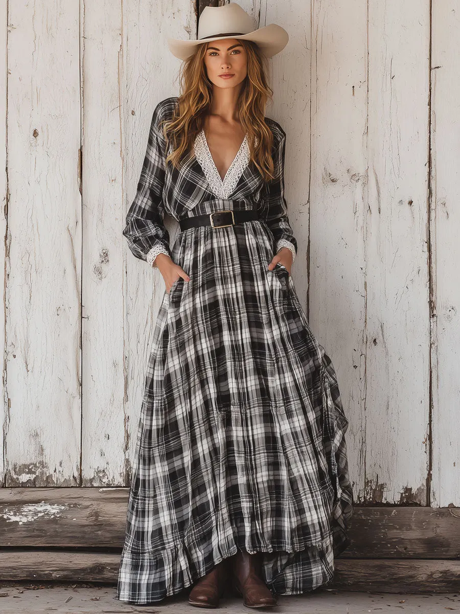 Western Retro Black And White Plaid Lace Long Sleeve Maxi Dress