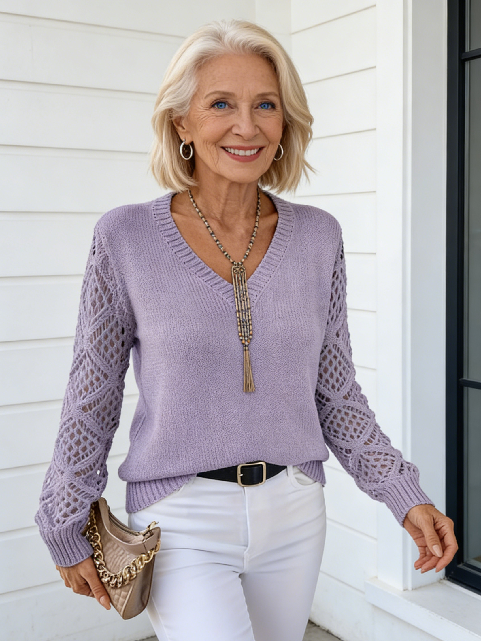 Orange Openwork-Sleeve Knit Top