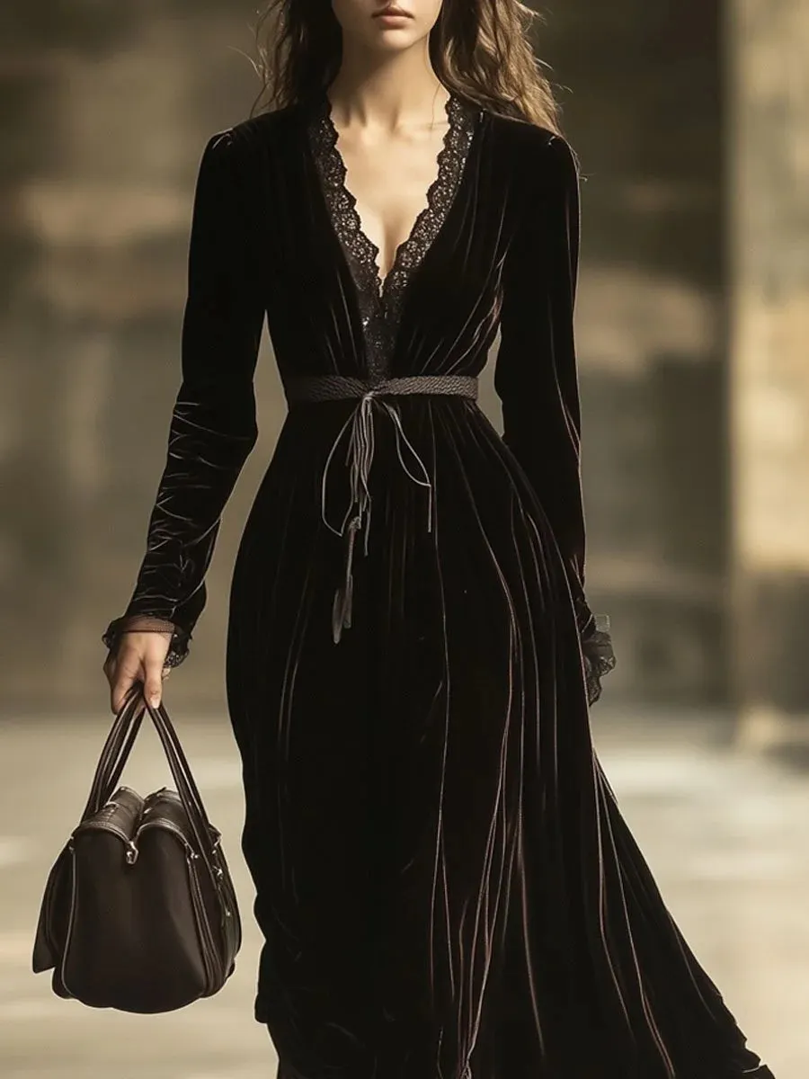V-Neck Lace Panel Solid Long-Sleeved Maxi Dress