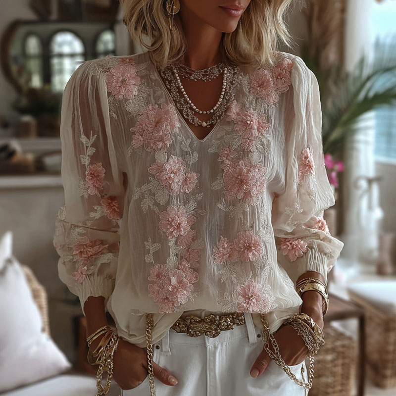 Women's Floral Embroidery Long-sleeved Blend T-shirt