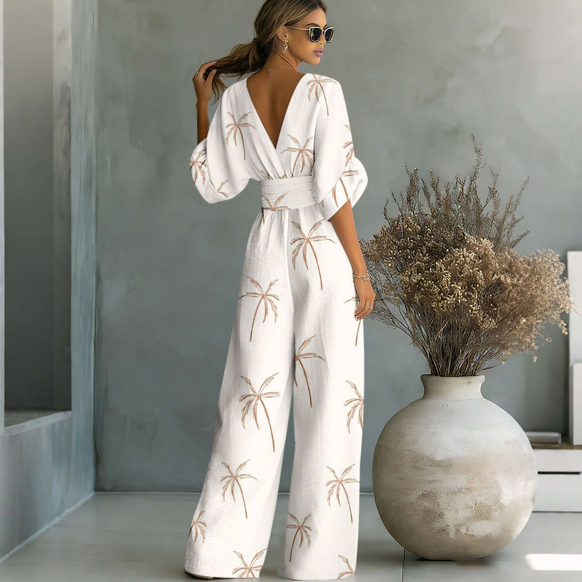 Simple Coconut Tree Printed Tight Waist Jumpsuit