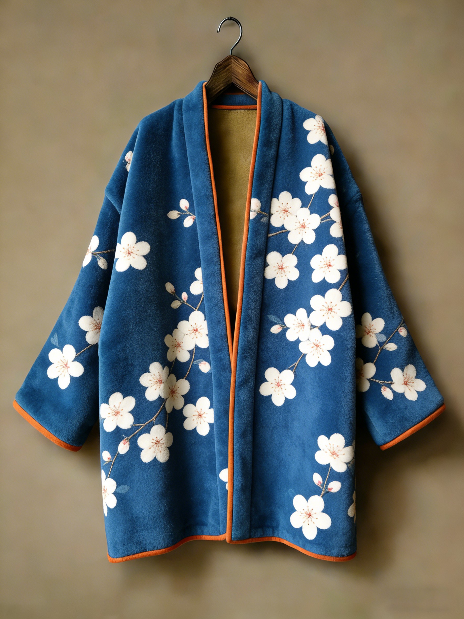 Flannel embroidered printed medium and long kimono cardigan