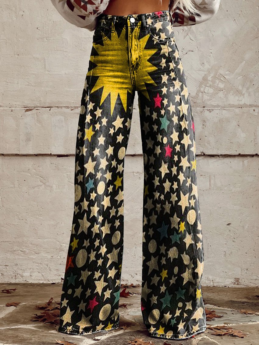 Vintage Stars Print Casual Wide-Leg Pants