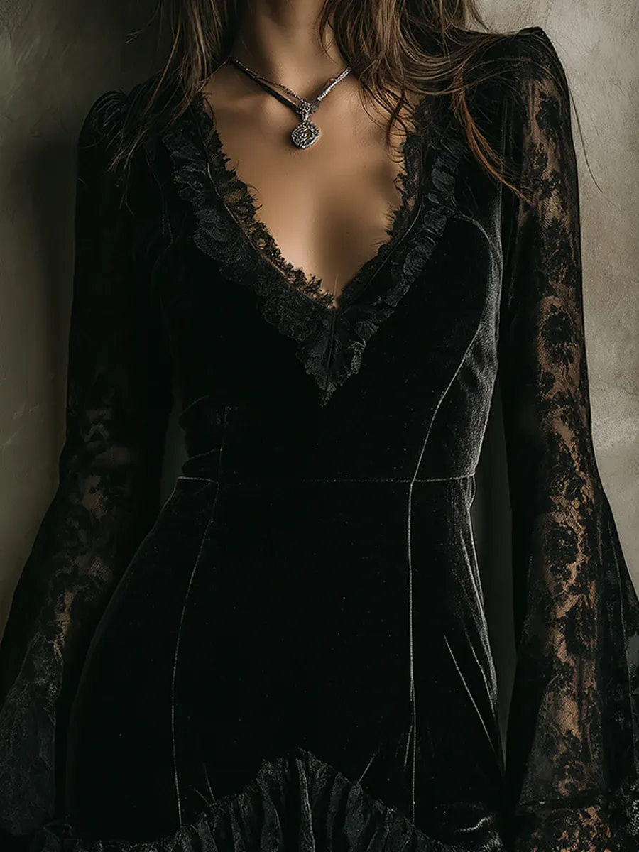 Black Lace Bell-sleeve Velvet Mini Dress