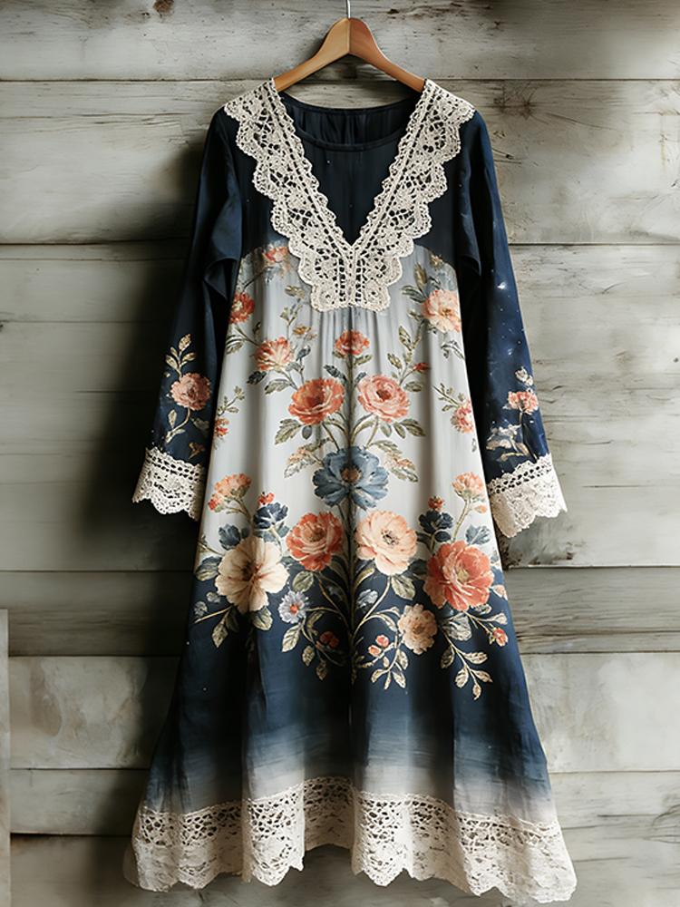 Floral Polka Dot Patchwork V-neck Long Sleeve Dress