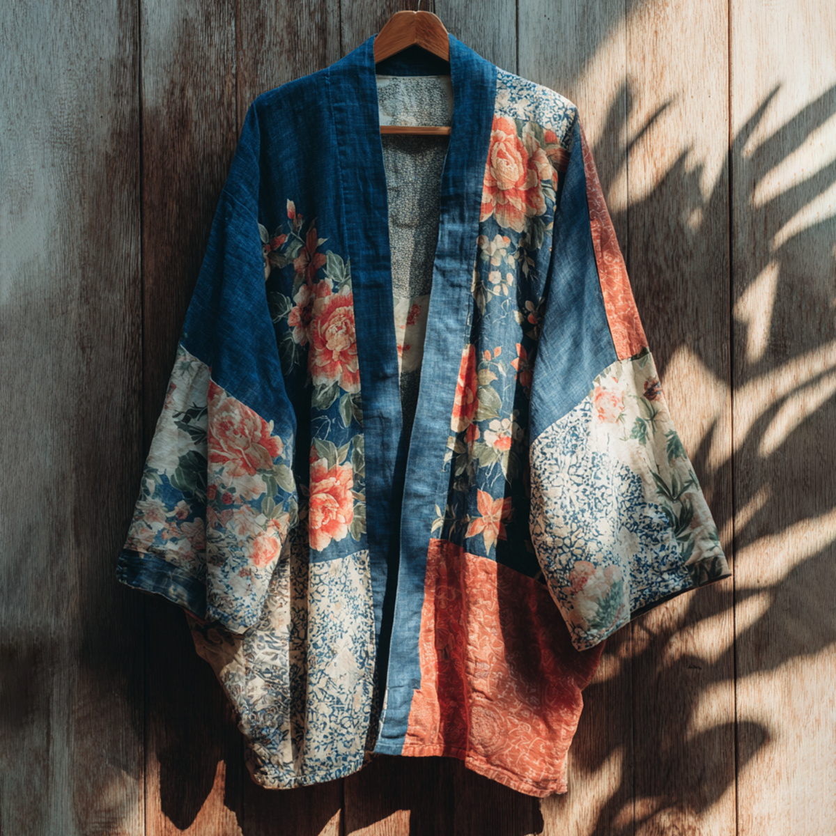 Retro Japanese Traditional Sashiko With Floral Art Print Cotton & Linen Blend Kimono Cardigan