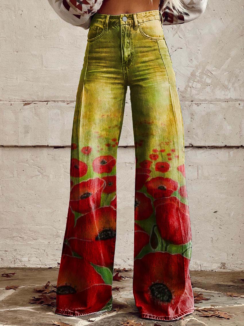Poppy Print Casual Wide-Leg Pants