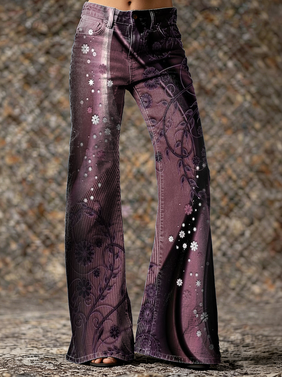 Vintage Black Purple Gradient Floral Hippie Art Prints Casual Flared Pants