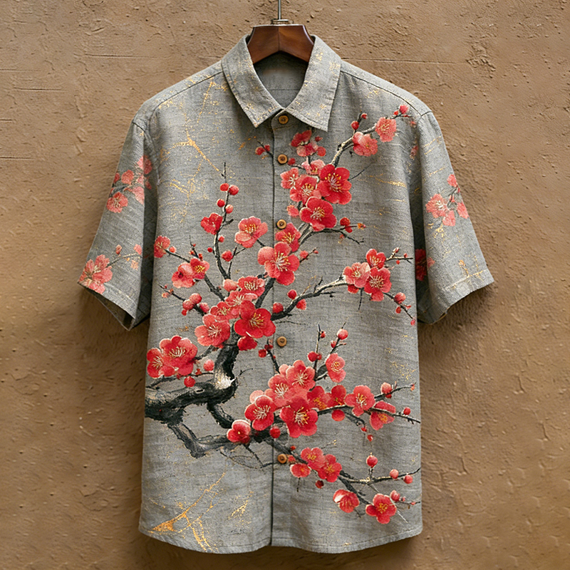 Men's Japanese-style Artistic Floral Print Short-sleeved Shirt
