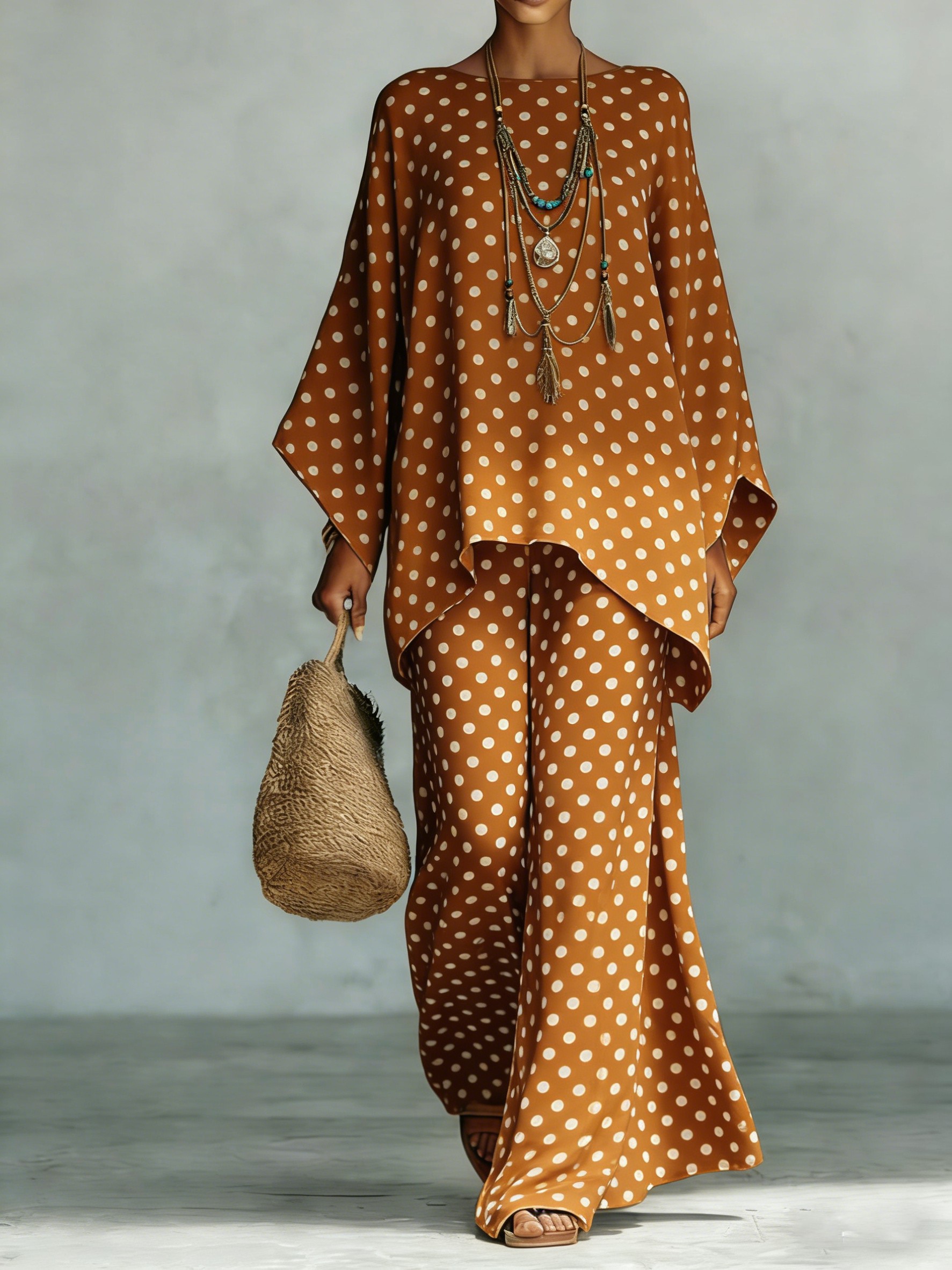 Comfortable & loose print pattern cotton & linen wide-leg pants two-piece set