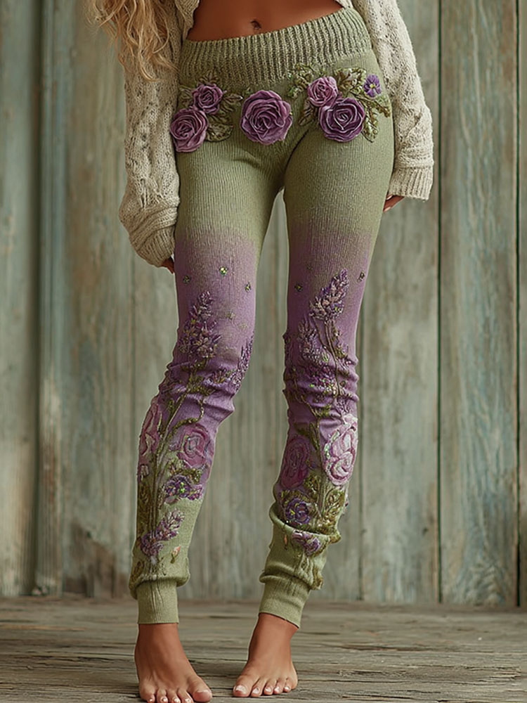 Lassy Gradient Purple Lavender And Floral Art Cozy Knit Leggings