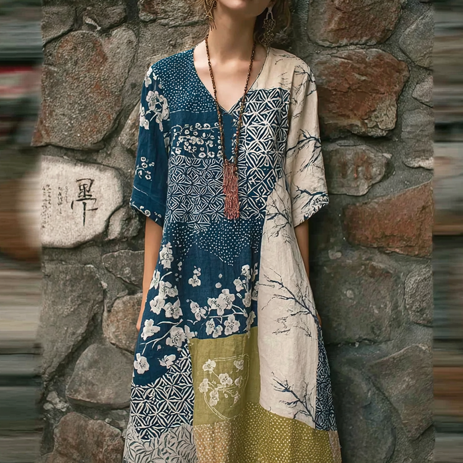 Japanese Art Retro Geometric Patchwork Plant Flower Print Women's V-neck Cotton & Linen Dress