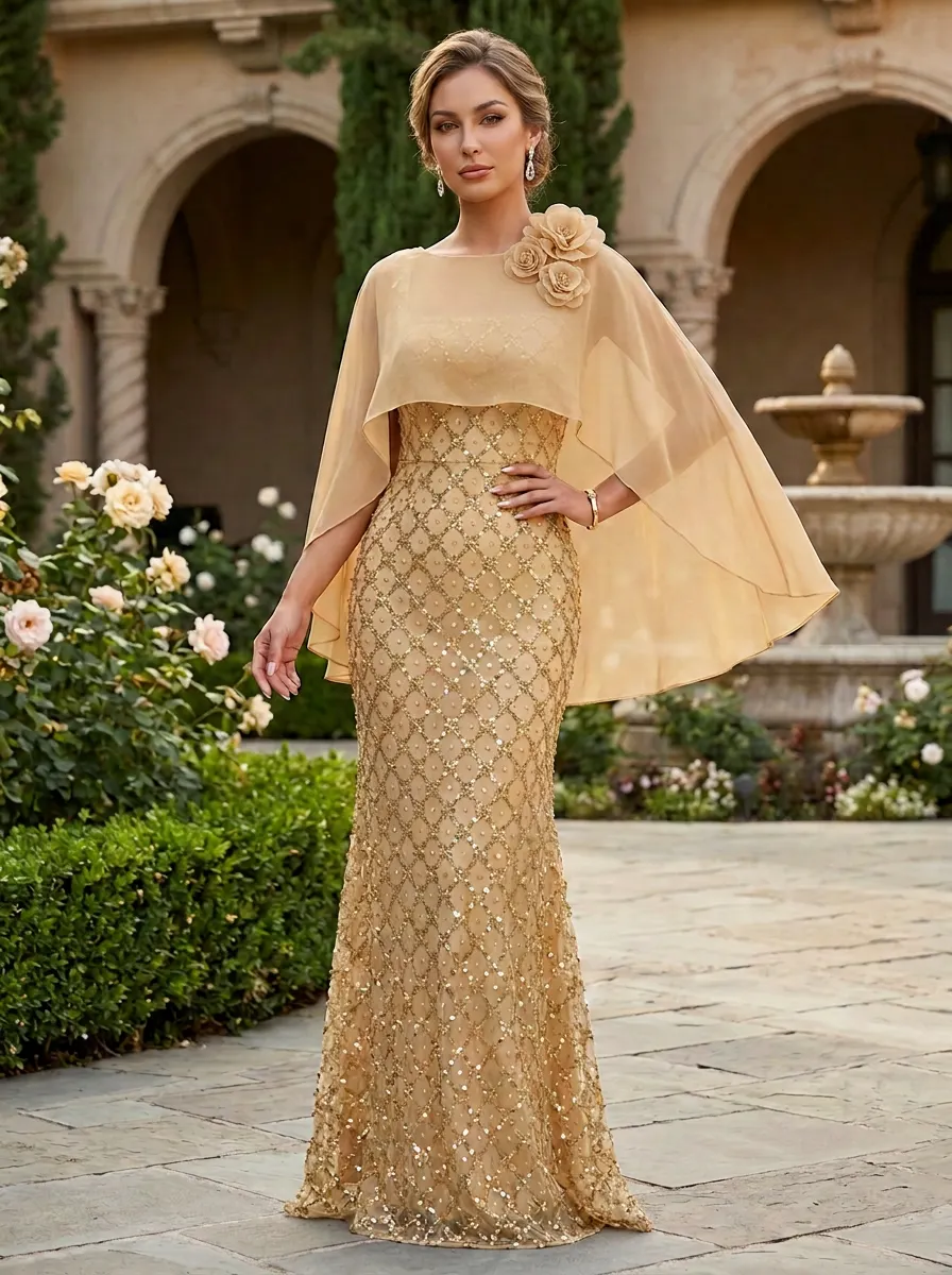 Gold Mermaid Gown With Chiffon Cape