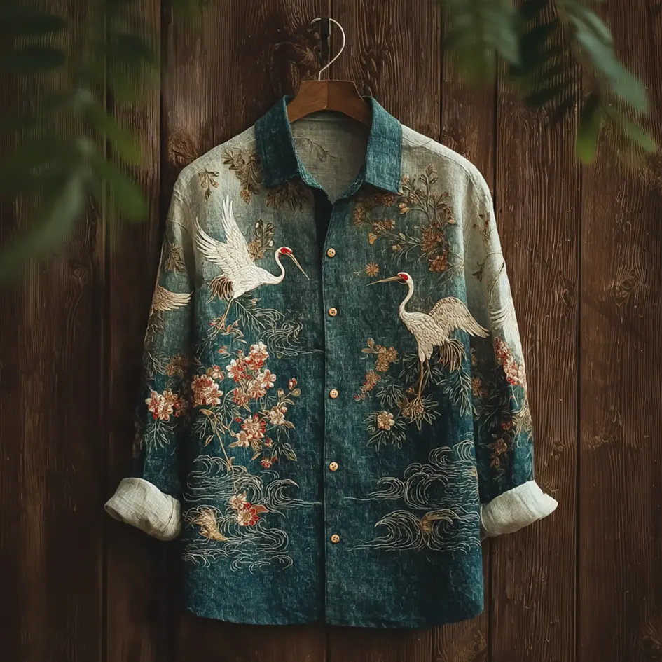 Japanese Art Retro Style Plant Flower & Crane Pattern Men's Cotton & Linen Shirt