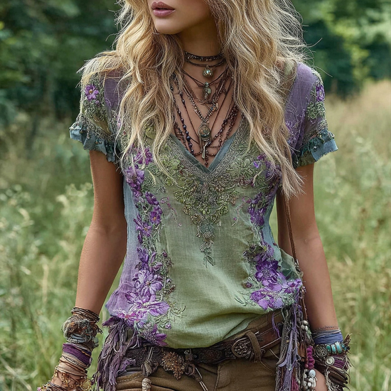 Vintage Flower Embroidery Linen V-neck Short Sleeve T-shirt