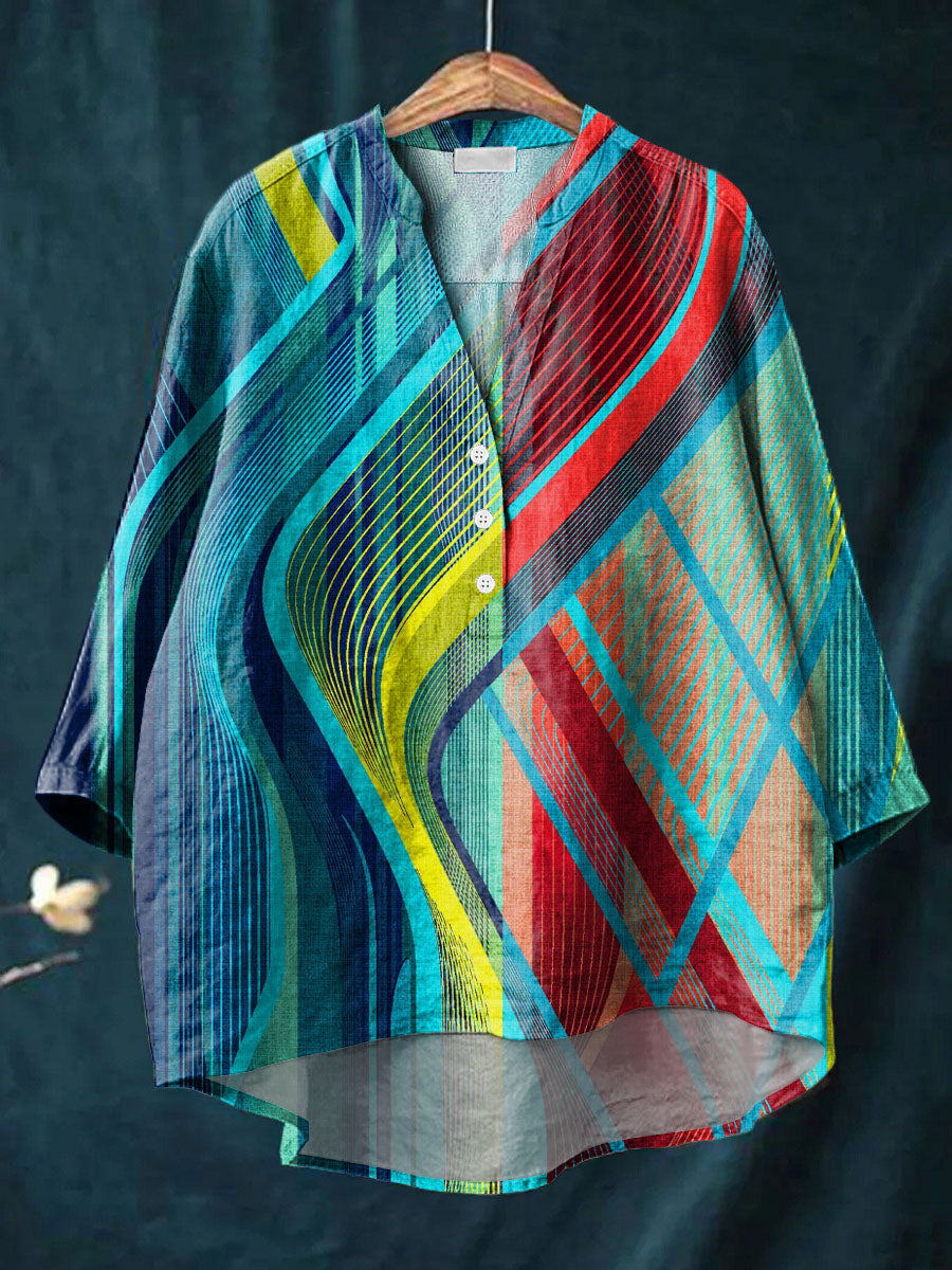 Geometric Line Pattern Art Print Casual Cotton & Linen Shirt