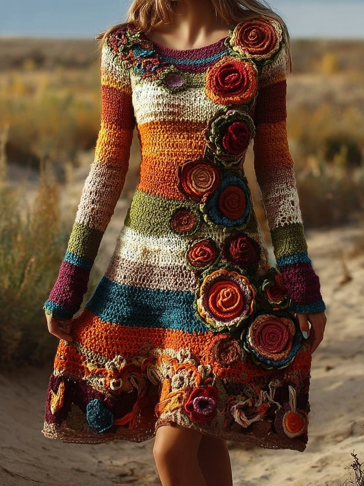 Vintage Bohemia Flower Crochet Striped Midi Sweater Dress