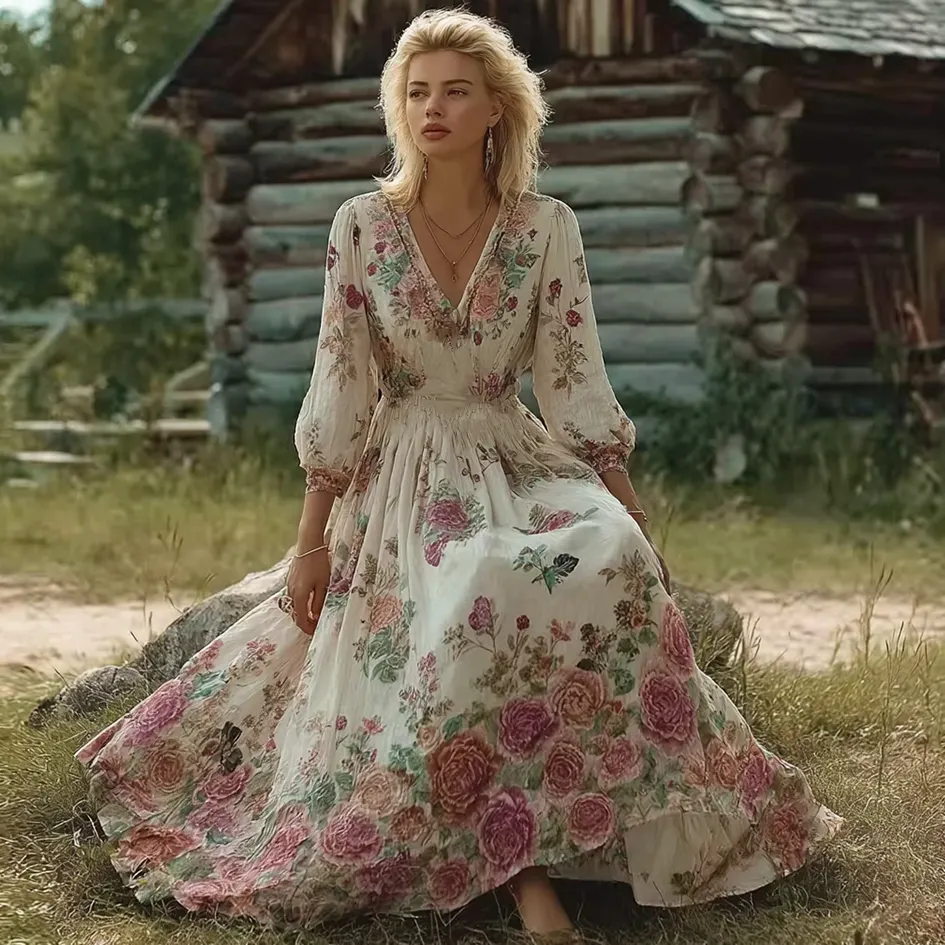 Bohemian Style Floral Butterfly Pattern Women's V-neck Dress