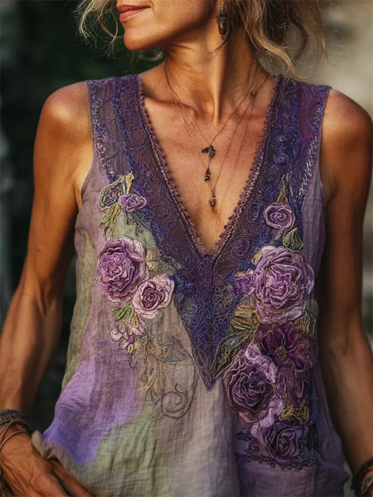 Vintage Glitter Purple Roses Embroidered Tank Top