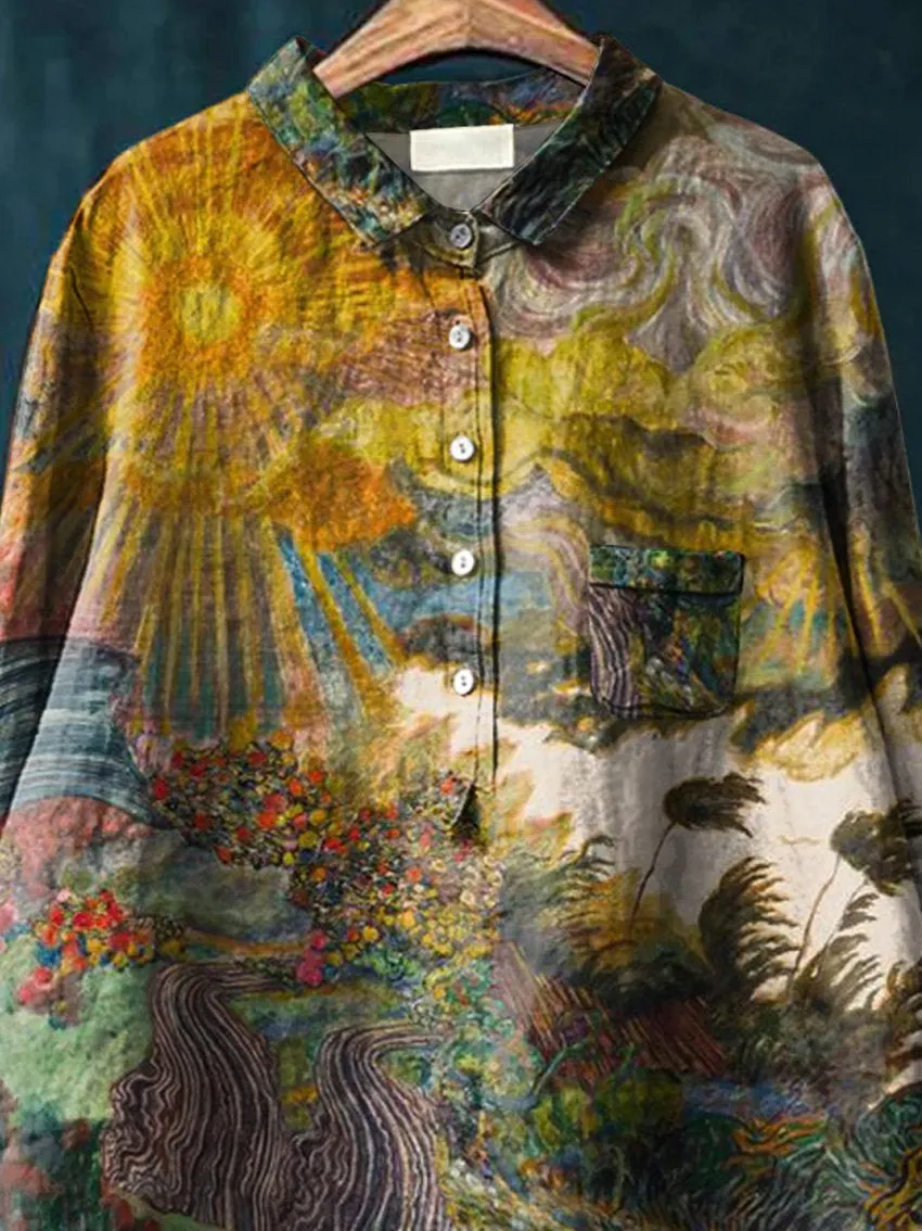 The Sunrise Oil Painting Art Printed Women's Casual Cotton & Linen Shirt