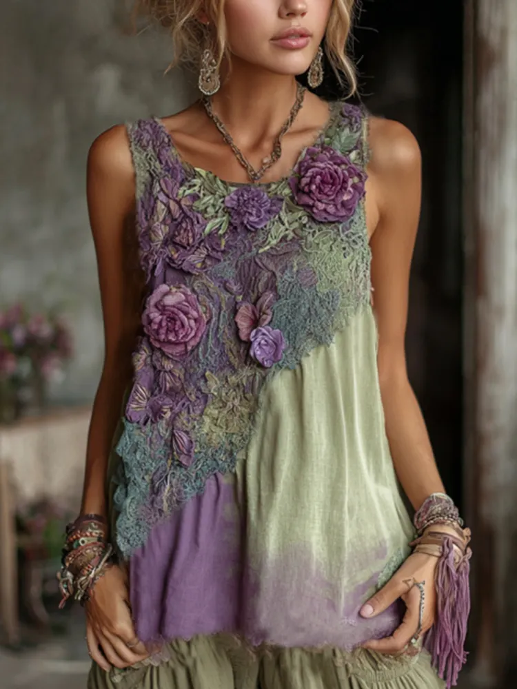 Vintage Classy Gradient Purple Lavender And Floral Embroidered Pattern Tank Top