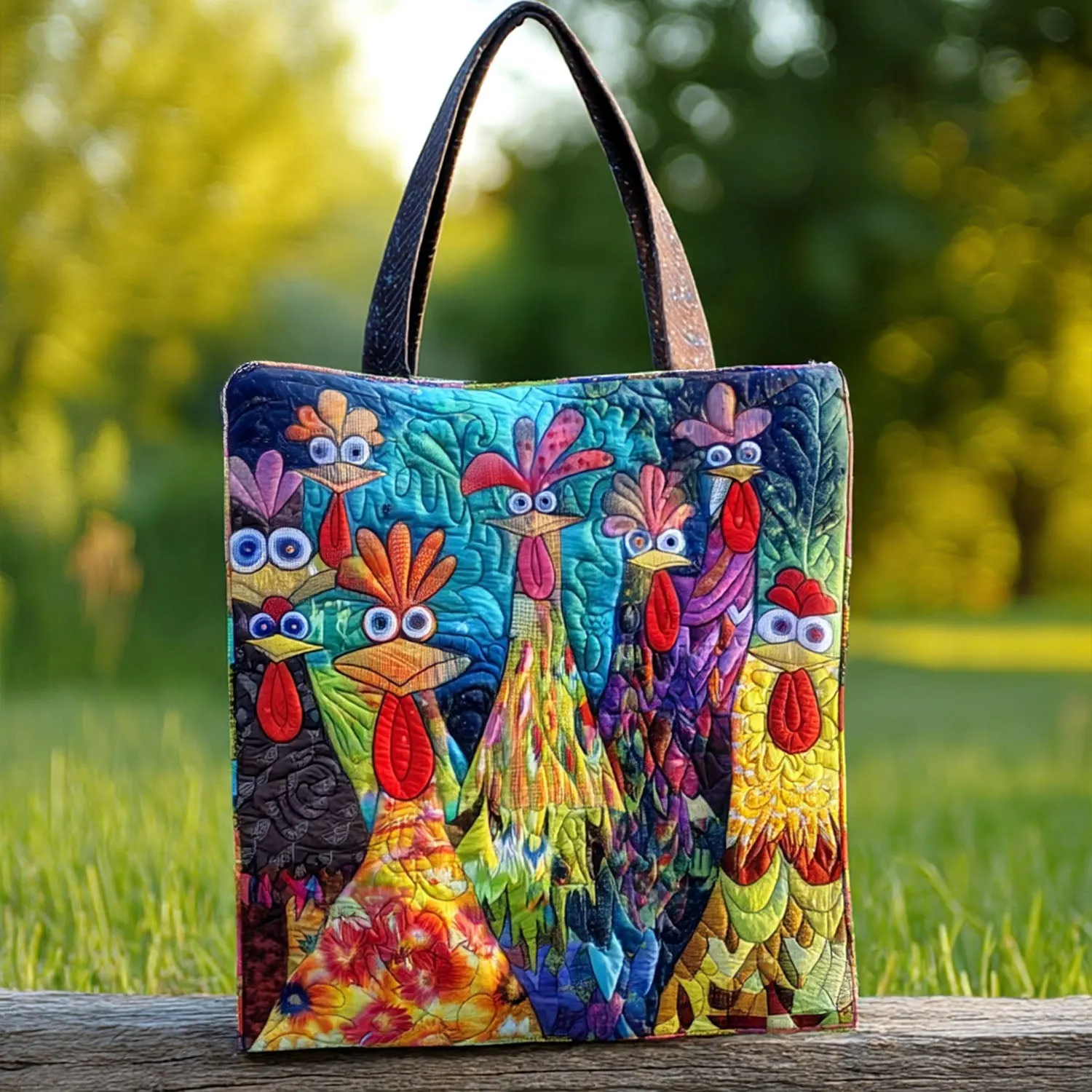 Whimsical Chickens Quilted Tote Bag