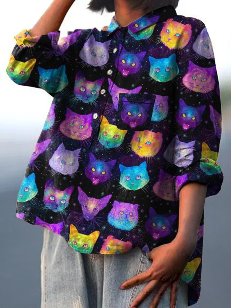 Galaxy & Cats Pattern Printed Women's Casual Cotton & Linen Shirt