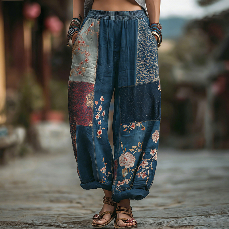 Japanese Sashiko & Floral Pattern Linen Pants