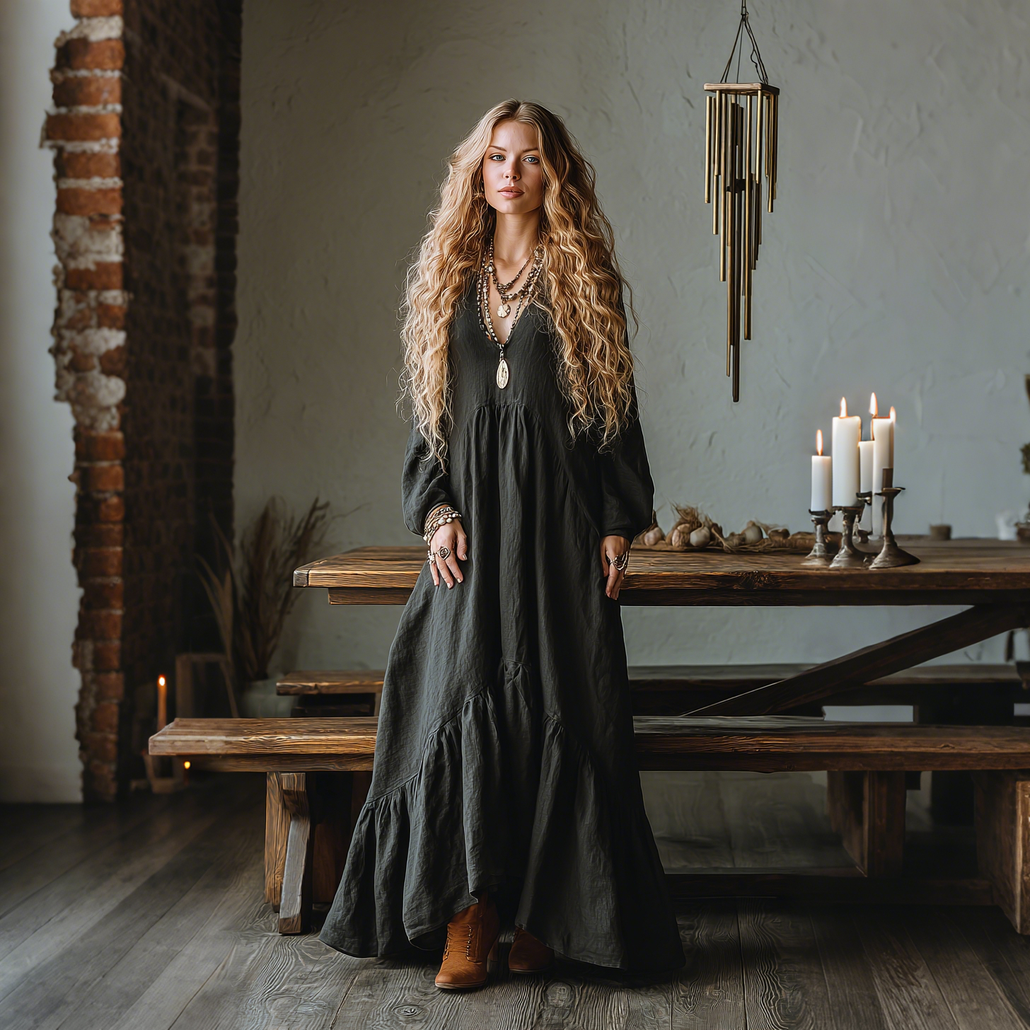 Elegant V-neck High-waisted Long-sleeved Oversized Comfortable And Breathable Dress