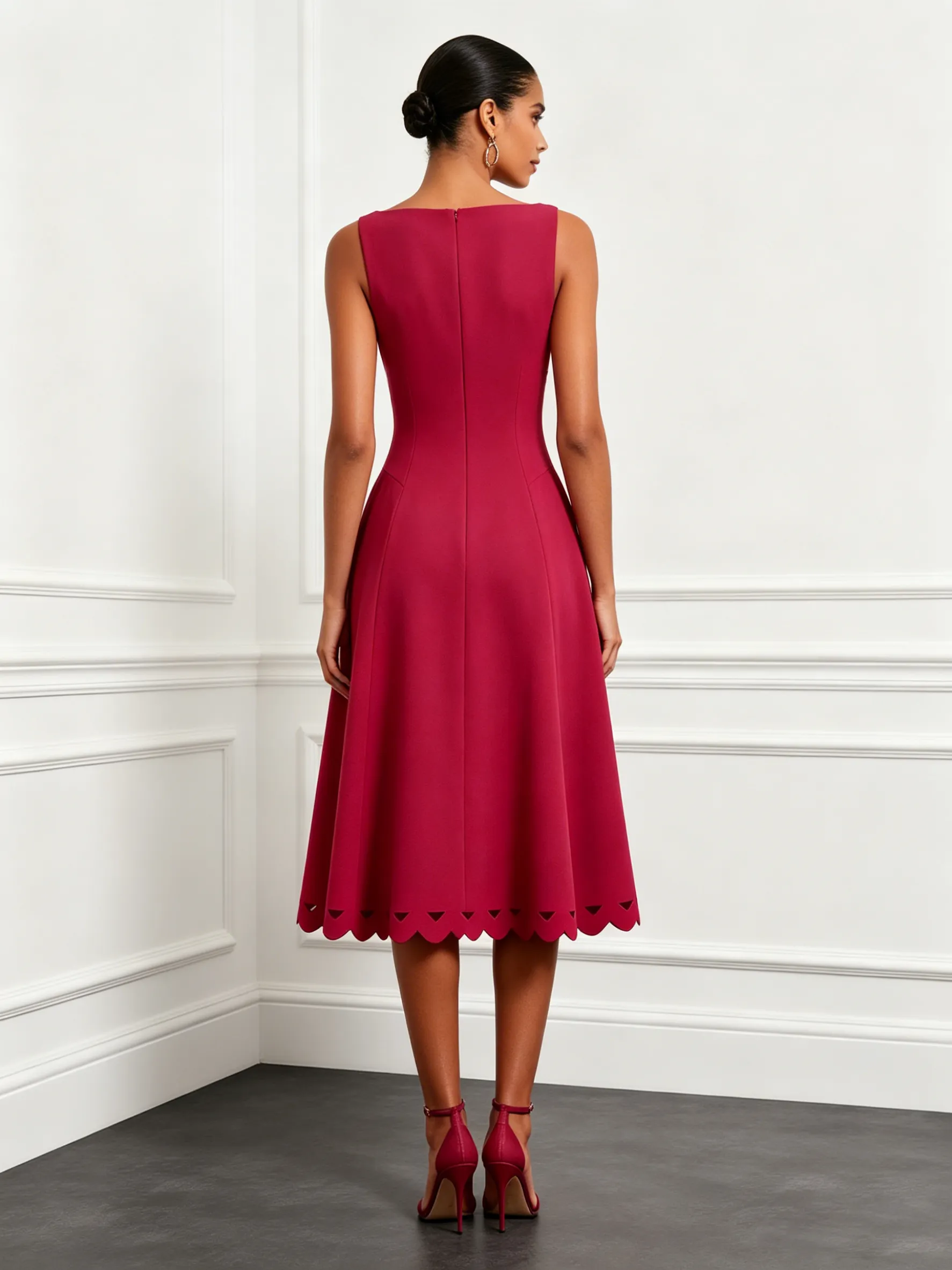 Red Lace Classic Boat Neck Sleeveless A-Line Midi Dress