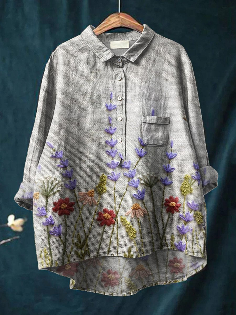 Floral Art Print Casual Cotton & Linen Shirt