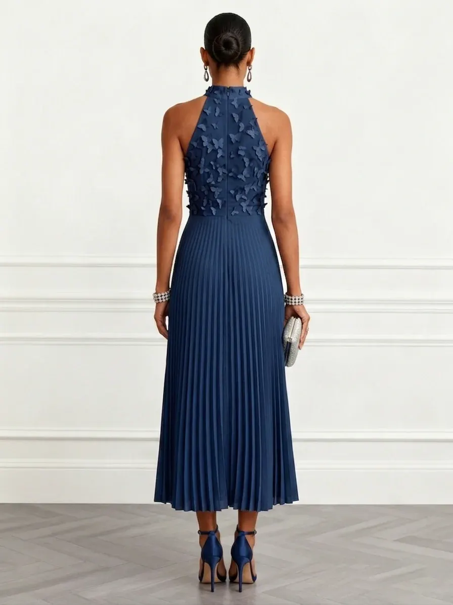 Purplish Blue 3D Floral Classic Halter Neck Sleeveless A-Line Midi Dress