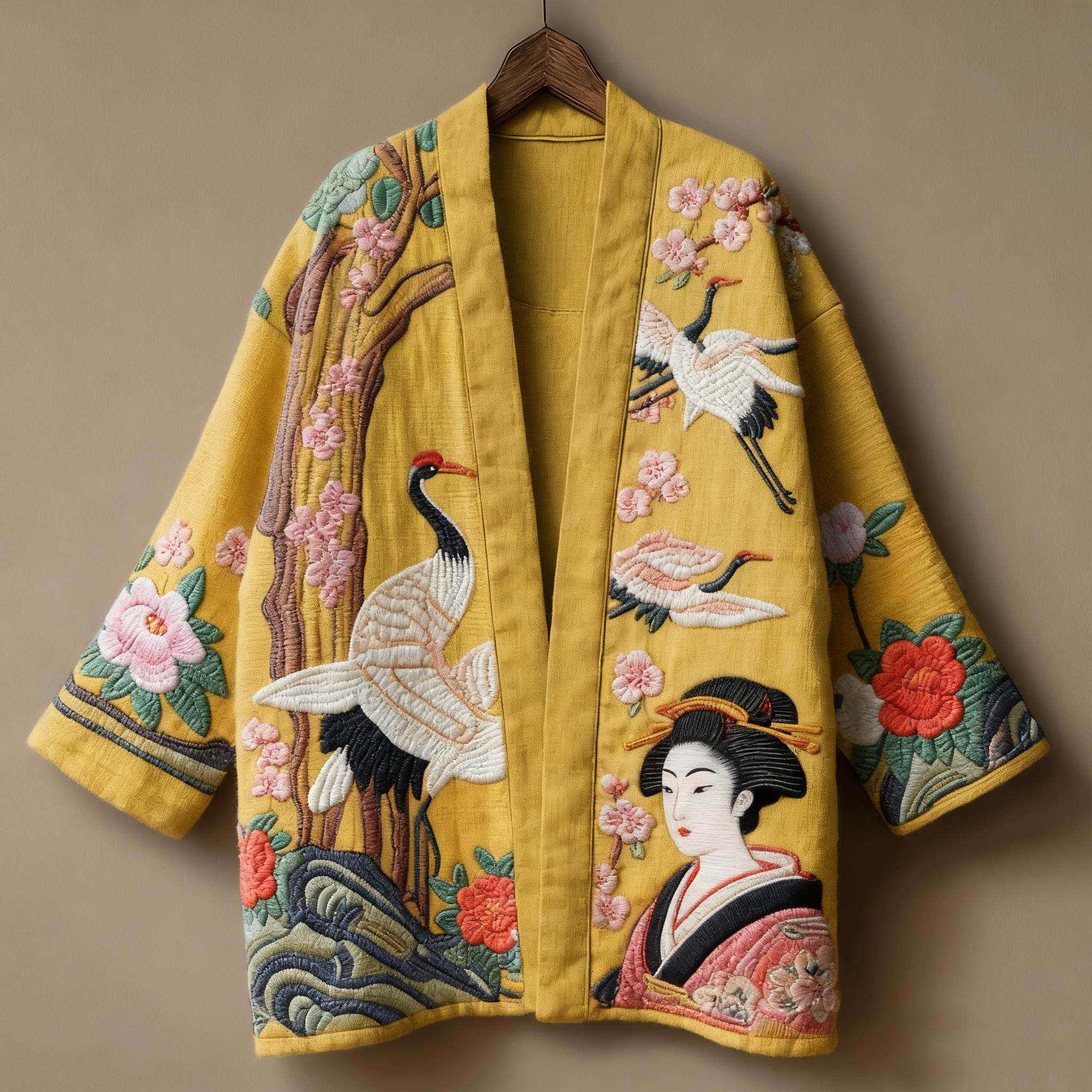 Japanese art ukiyo-e three-dimensional embroidered linen kimono cardigan