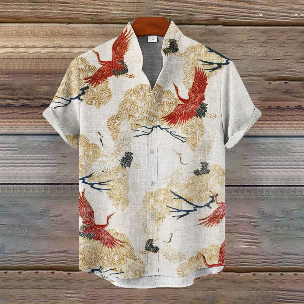 Japanese Crane Vintage Art Men's Linen Short Sleeve Shirt