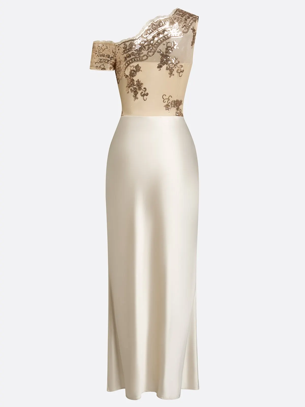 Champagne Ruched Satin One-Shoulder Asymmetrical Mermaid Floor-length Gown