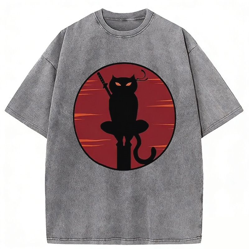 Japanese Ninja Black Cat Washed T-shirt