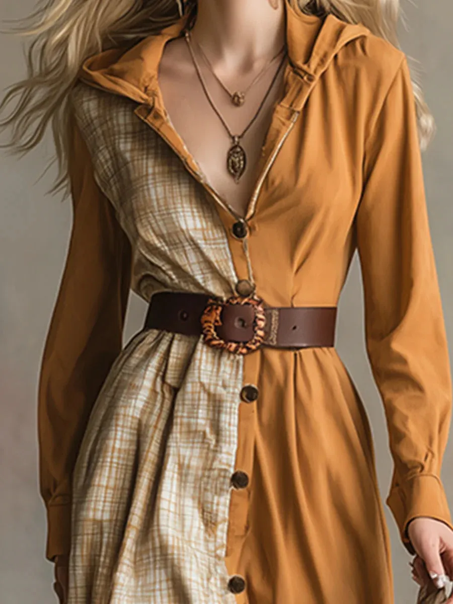 Bohemian plaid patchwork light orange hooded button-front dress