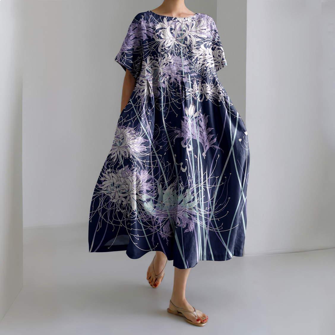 Japanese Chrysanthemum Art Short Sleeve Midi Dress