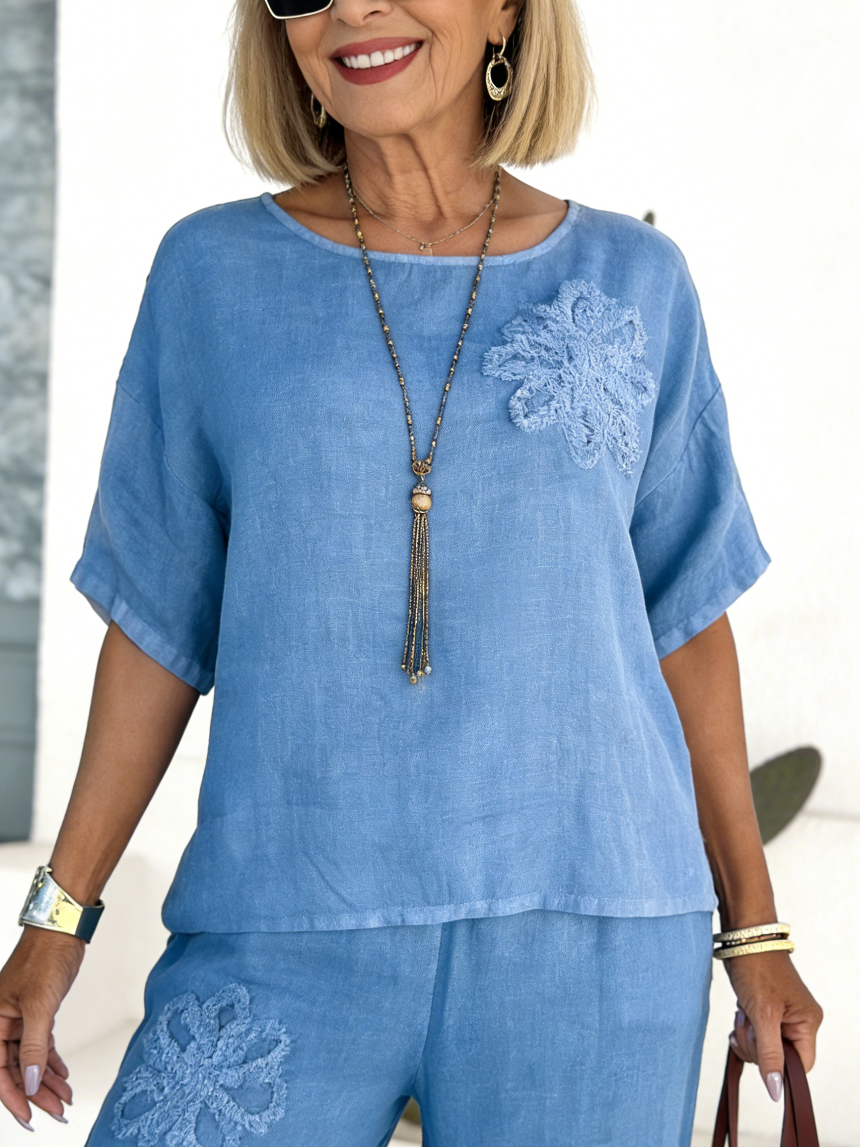 Taupe Embroidered Top & Wide-Leg Pants Set
