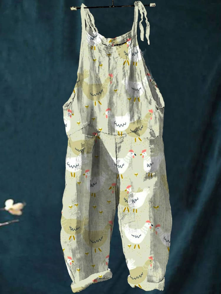 Vintage Lovely Chicken Art Print Casual Wide-Leg Jumpsuit
