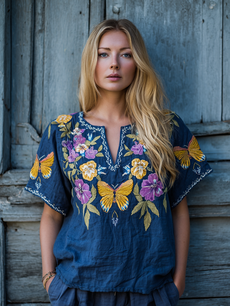 Women's Purple Pansy Butterfly Embroidery V-neck Shirt