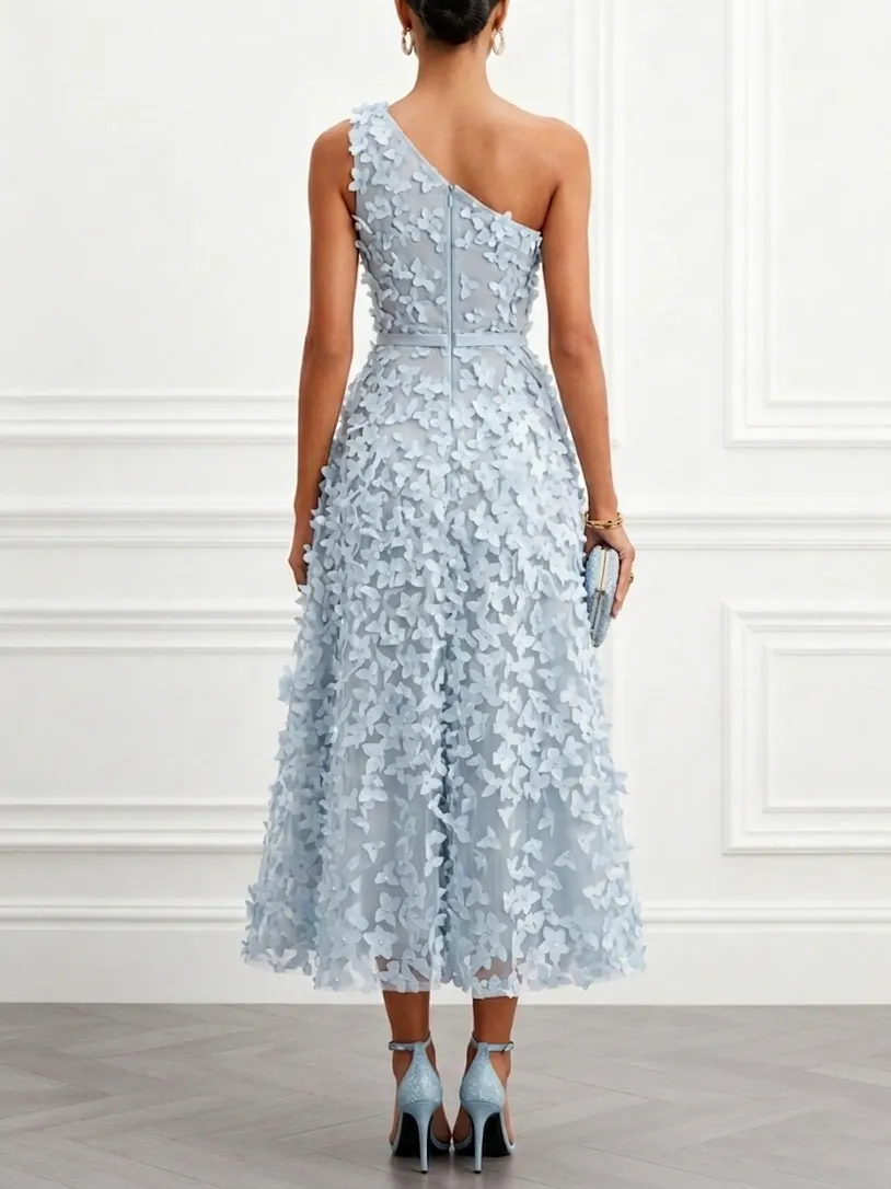 Light Blue 3D Floral Classic One-Shoulder Sleeveless A-Line Midi Dress